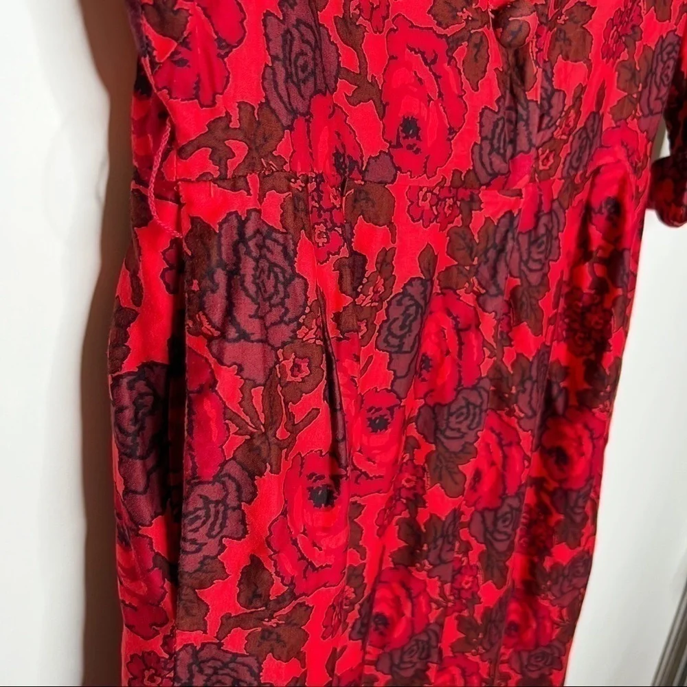 Vintage Floral Midi Dress Red Button Front 60s Sheath Elaine Terry Size Medium - Picture 5 of 13